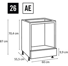 Desen al unui dulap de bucătărie inferior cu dimensiuni