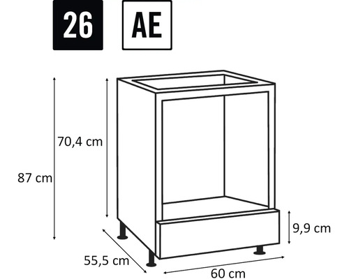 Desen al unui dulap de bucătărie inferior cu dimensiuni