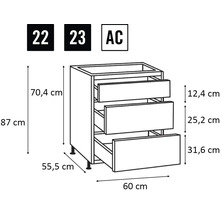 Desen tehnic al unui dulap inferior cu sertare și indicații dimensionale.