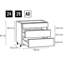 Schiță a unui dulap de bază de bucătărie cu sertare și dimensiuni