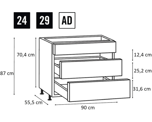 Schiță a unui dulap de bază de bucătărie cu sertare și dimensiuni