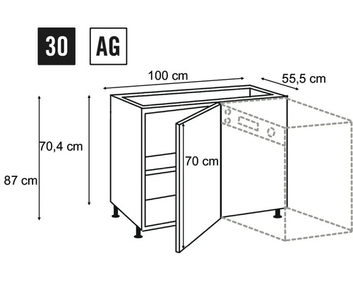 Desen tehnic al unui dulap de bază pentru bucătărie cu dimensiuni.