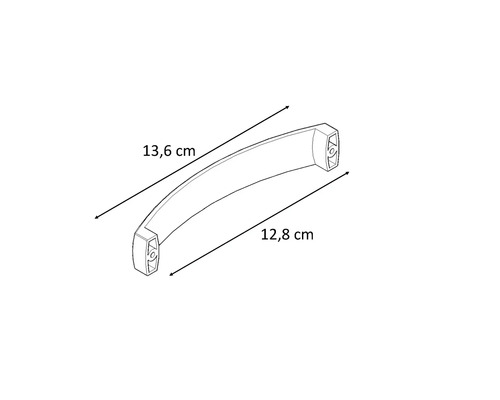 Desen al unui mâner de mobilier cu dimensiunile de 13,6 cm și 12,8 cm.