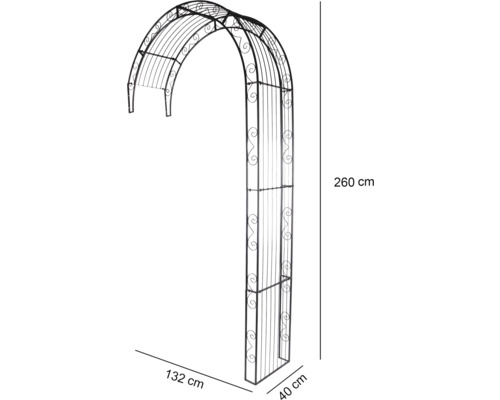 Arcadă de grădină din metal cu dimensiunile de 260 cm înălțime, 132 cm lățime și 40 cm adâncime