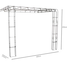 Pergolă metalică cu dimensiunile 253 x 300 x 233 cm ca decor de grădină