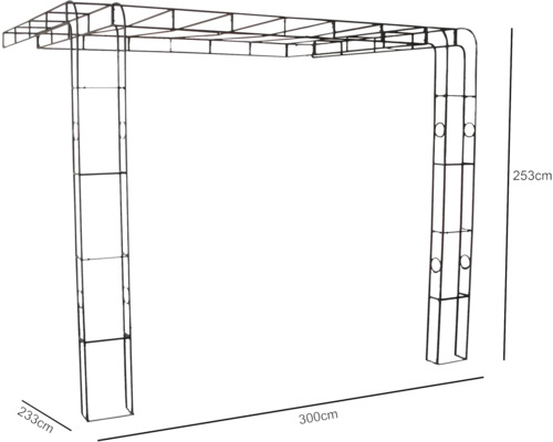 Pergolă metalică cu dimensiunile 253 x 300 x 233 cm ca decor de grădină