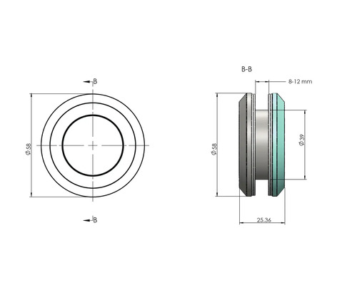 Desen tehnic al unei componente rotunde cu dimensiunile de 58 mm diametru și 25,36 mm lungime