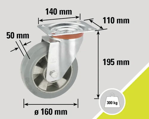 Roată pivotantă cu dimensiunile 140 mm pe 110 mm, diametrul roții 160 mm, lățimea roții 50 mm, înălțime 195 mm, capacitate portantă 300 kg