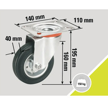 Roată pivotantă cu dimensiunile de 140 mm pe 110 mm, lățimea roții de 40 mm, înălțimea de construcție de 195 mm, capacitatea portantă de 150 kg și înălțimea carcasei de 160 mm