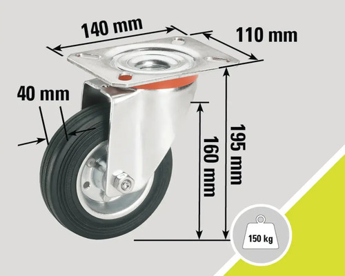 Roată pivotantă cu dimensiunile de 140 mm pe 110 mm, lățimea roții de 40 mm, înălțimea de construcție de 195 mm, capacitatea portantă de 150 kg și înălțimea carcasei de 160 mm