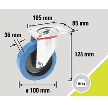 Imagine a unei role pivotante cu dimensiunile de 105 mm, 85 mm, 36 mm, 128 mm și diametrul de 100 mm, capacitate portantă de 150 kg