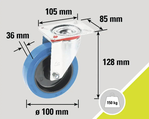 Imagine a unei role pivotante cu dimensiunile de 105 mm, 85 mm, 36 mm, 128 mm și diametrul de 100 mm, capacitate portantă de 150 kg