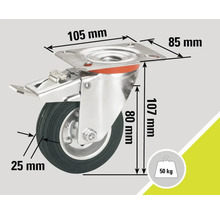 Roată pivotantă cu frână și dimensiunile 105 mm, 85 mm, 107 mm, 80 mm și 25 mm, capacitate portantă 50 kg