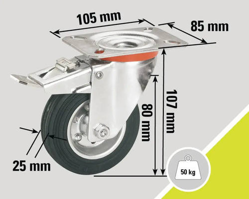 Roată pivotantă cu frână și dimensiunile 105 mm, 85 mm, 107 mm, 80 mm și 25 mm, capacitate portantă 50 kg