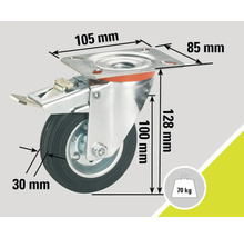 Rotiță pivotantă cu frână și dimensiunile 105 mm, 85 mm, 128 mm, 100 mm, 30 mm și capacitatea portantă de 70 kilograme