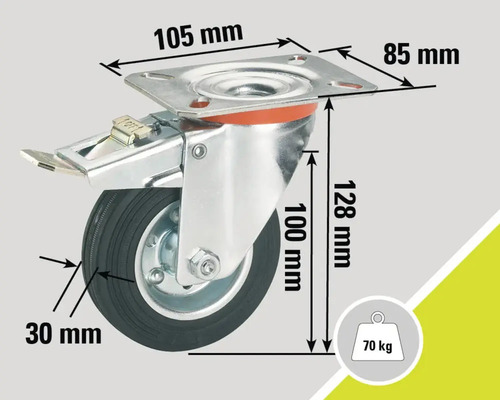 Rotiță pivotantă cu frână și dimensiunile 105 mm, 85 mm, 128 mm, 100 mm, 30 mm și capacitatea portantă de 70 kilograme