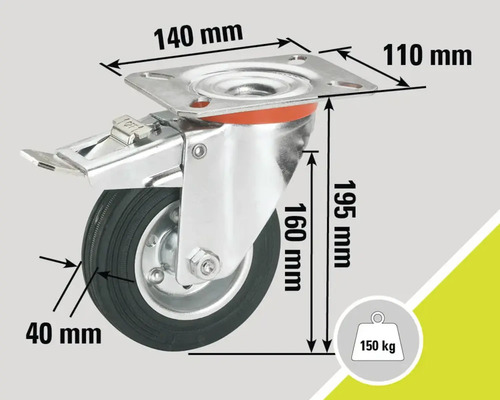 Roată pivotantă cu frână, dimensiuni: 140 mm x 110 mm, diametrul roții 40 mm, capacitate portantă 150 kg
