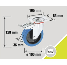 Roată pivotantă cu frână, dimensiuni 105 x 85 milimetri, diametru roată 100 milimetri, capacitate portantă 150 kilograme