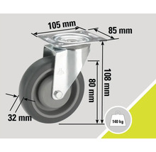 Roată pivotantă cu dimensiunile de 105 mm x 85 mm, o înălțime a roții de 80 mm, o înălțime de construcție de 108 mm, o lățime a roții de 32 mm și o capacitate portantă de 140 kg