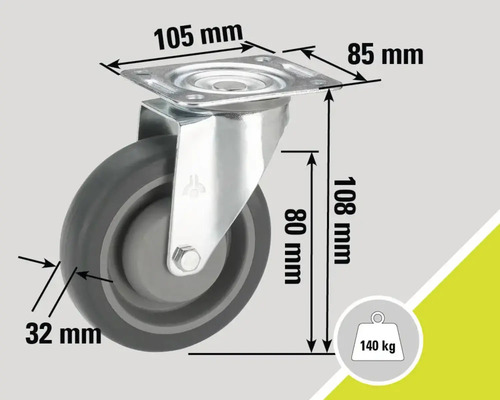 Roată pivotantă cu dimensiunile de 105 mm x 85 mm, o înălțime a roții de 80 mm, o înălțime de construcție de 108 mm, o lățime a roții de 32 mm și o capacitate portantă de 140 kg