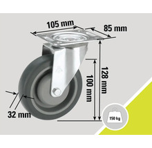 Roată pivotantă cu dimensiunile 105 mm, 85 mm, 128 mm, 100 mm, 32 mm și o capacitate portantă de 150 kg
