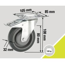 Rotiță pivotantă cu frână și dimensiunile 105 mm x 85 mm, înălțime roată 108 mm, diametru roată 80 mm, lățime roată 32 mm și o capacitate portantă de 140 kg