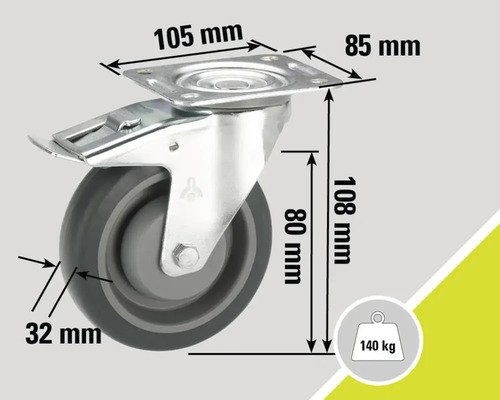 Rotiță pivotantă cu frână și dimensiunile 105 mm x 85 mm, înălțime roată 108 mm, diametru roată 80 mm, lățime roată 32 mm și o capacitate portantă de 140 kg