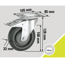 Roată pivotantă cu blocare și dimensiunile 100 x 32 milimetri, capacitate portantă 150 kilograme