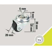 Rotiță pentru mobilă cu știft, dimensiuni și capacitate portantă de până la 45 kg