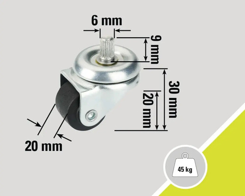 Rotiță pentru mobilă cu știft, dimensiuni și capacitate portantă de până la 45 kg