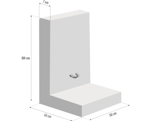 Element din beton în formă de L cu dimensiunile 100 x 50 x 50 centimetri și o grosime de 7 centimetri