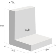 Piatră de colț din beton în formă de L, cu dimensiuni de 40 cm înălțime, 50 cm lungime și 30 cm lățime