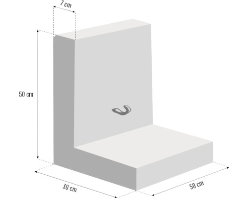 Element din beton în formă de L, cu dimensiunile 50 cm x 50 cm x 30 cm și o grosime de 7 cm
