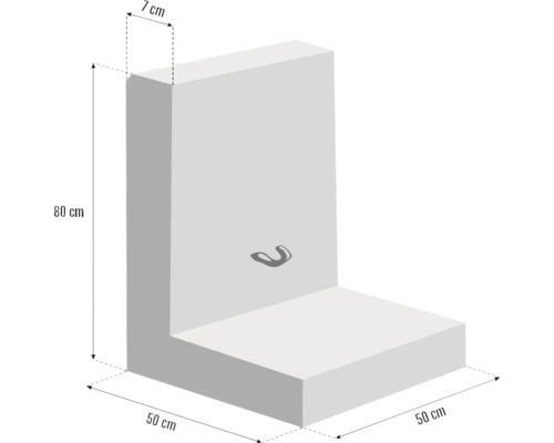 Element din beton în formă de L cu dimensiunile de 80 cm înălțime, 50 cm lățime și 7 cm grosime