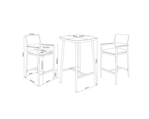 Dimensiunile unui set de bar cu masă și două scaune