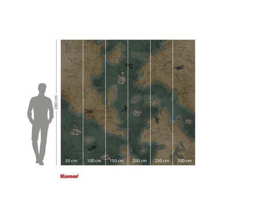 Imagine de perete Komar cu motiv de hartă a lumii și indicații de dimensiune.