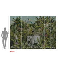 Tapetă foto cu motiv de junglă, incluzând un elefant, un leopard și diverse specii de păsări