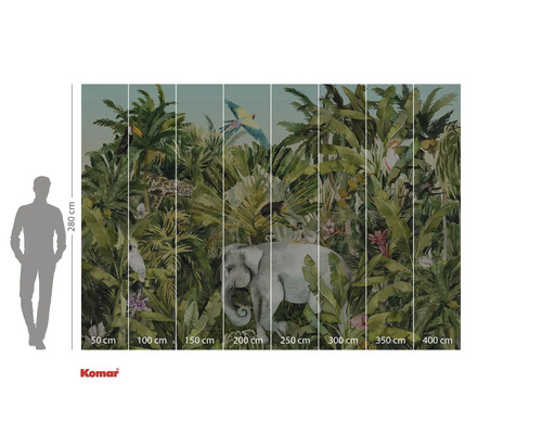 Tapetă foto cu motiv de junglă, incluzând un elefant, un leopard și diverse specii de păsări