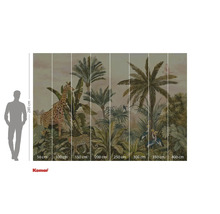 Fototapet Komar cu motiv junglă, incluzând girafă, leopard, palmieri și păsări tropicale