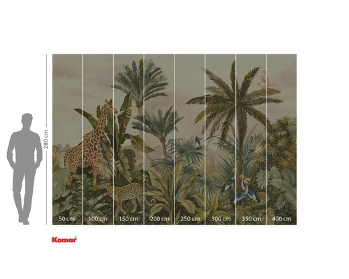 Fototapet Komar cu motiv junglă, incluzând girafă, leopard, palmieri și păsări tropicale