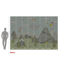 Ilustrație a unui tapet cu munți, animale și baloane, dimensiuni 280 x 400 centimetri