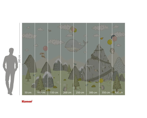 Ilustrație a unui tapet cu munți, animale și baloane, dimensiuni 280 x 400 centimetri