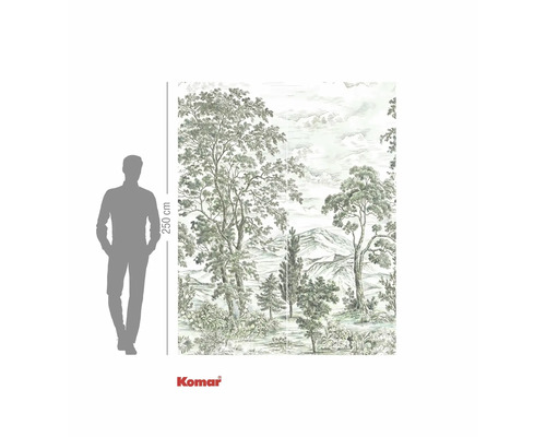 Tapetă foto peisaj forestier cu indicarea dimensiunilor și sigla Komar