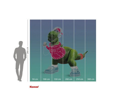 Fototapet cu un dinozaur verde cu căști, hanorac și pantofi sport pe un fundal colorat