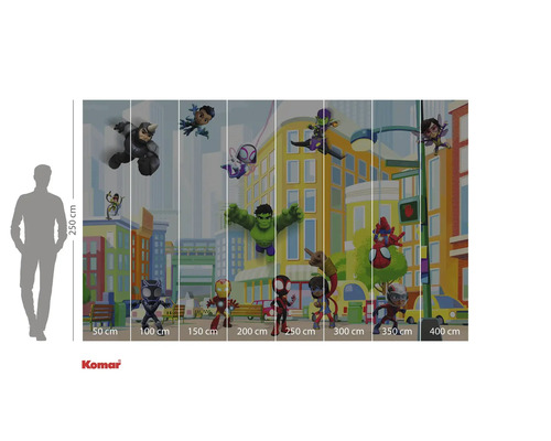 Fototapet cu supereroi Marvel în stil benzi desenate pe fundalul unui peisaj urban