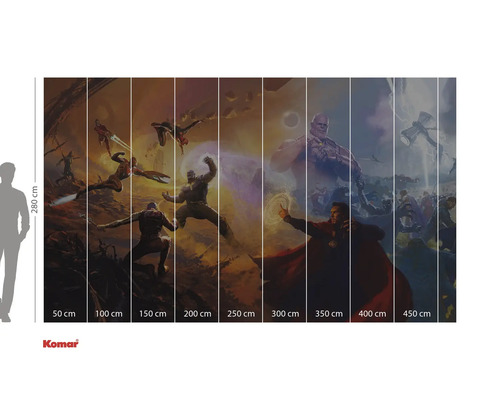 Imagine de perete Avengers cu diverse personaje de benzi desenate și indicații de dimensiune.