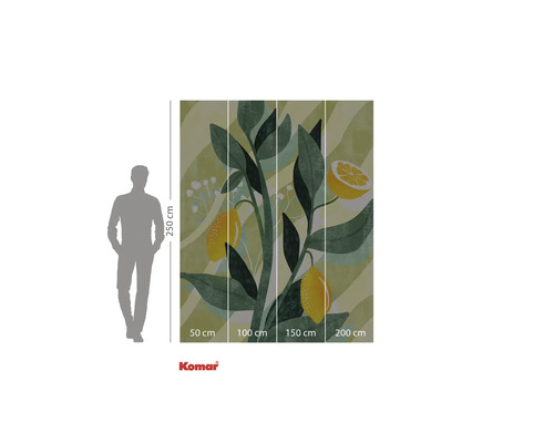 Logo Komar. Pictură murală cu motiv de lămâie, compusă din patru părți cu dimensiunile de 50 cm, 100 cm, 150 cm și 200 cm, înălțime de 250 cm.