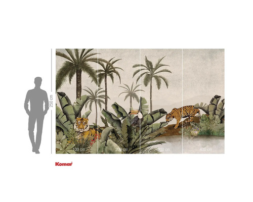 Tapet fotodecorativ cu motiv de junglă, palmieri și tigri
