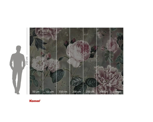 Fototapet cu model de trandafiri și specificații de dimensiuni.