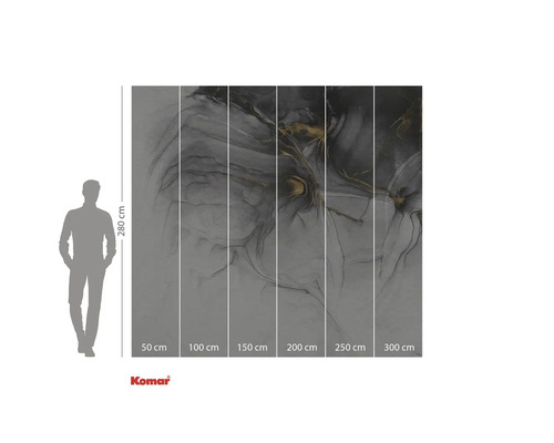 Tapet foto Komar cu model abstract în gri și auriu, informații despre dimensiuni.